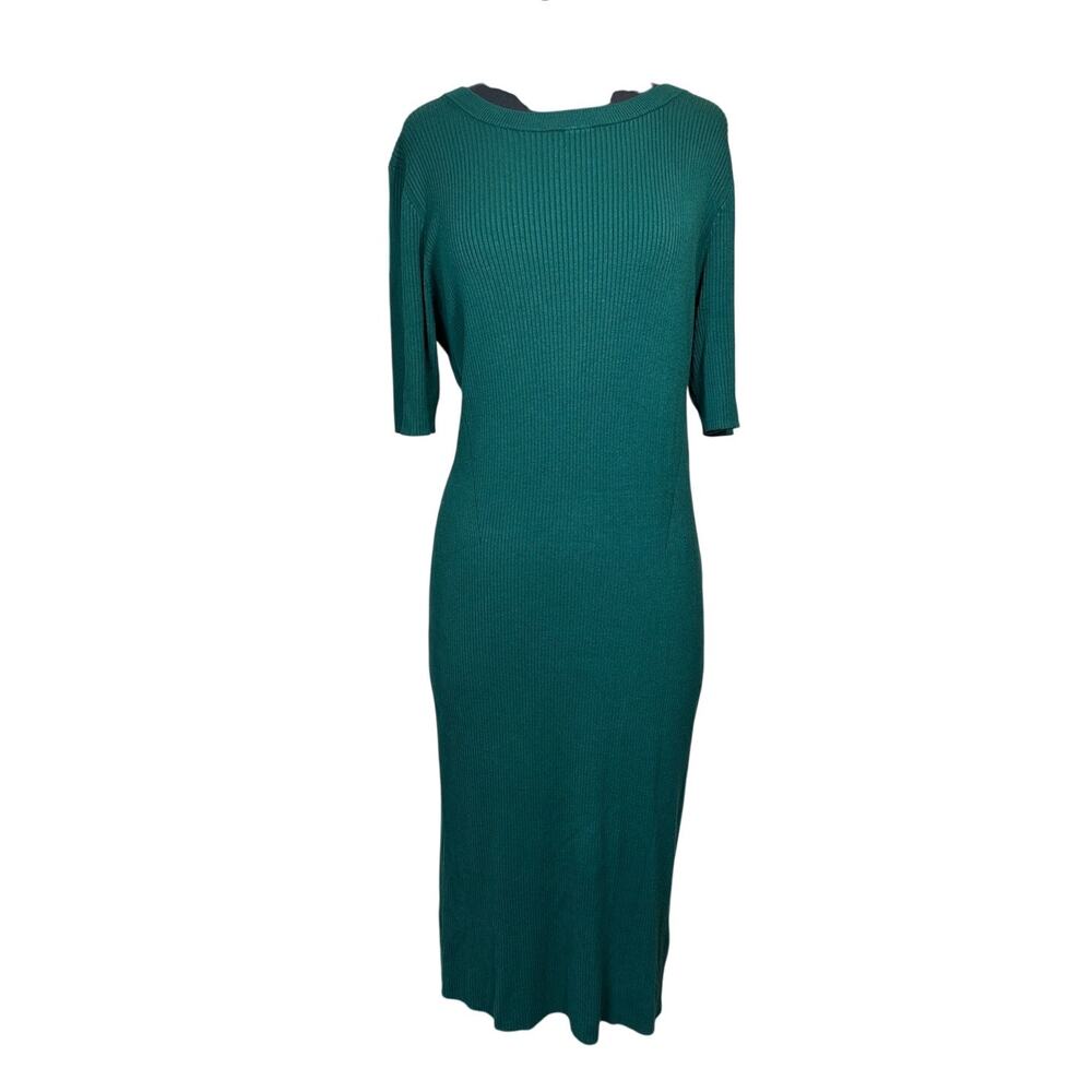 J. Crew AR681 Ribbed Knit Midi Sweater Dress Pullover Classic Green Sz L Stretch